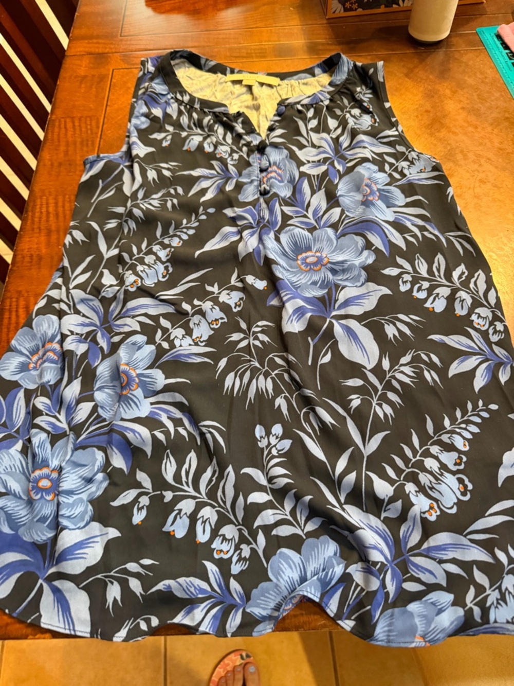 Loft Sleeveless Black Top with Blue Floral Print